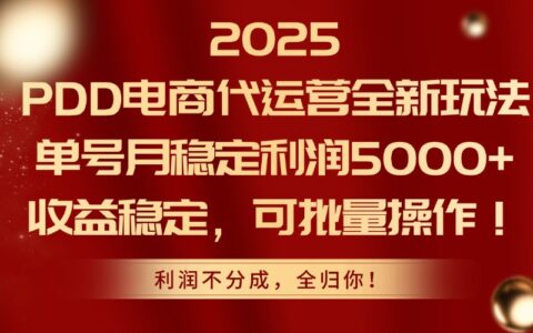 （14839期）2025PDD电商代运营全新玩法，单号月稳定利润5000+，收益稳定，可批量操作