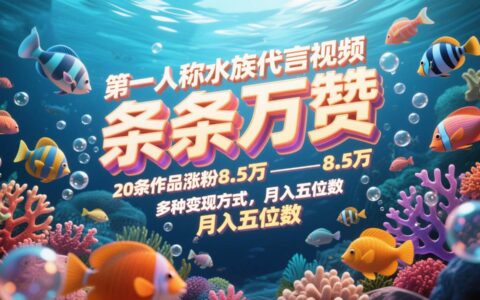 第一人称水族代言视频，条条万赞，20条作品涨粉8.5万，多种变现方式月，入五位数