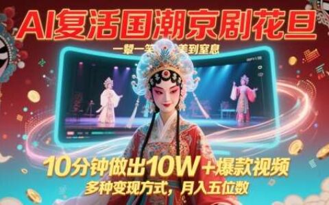 AI复活国潮京剧花旦，一颦一笑美到窒息，10分钟做出10W+爆款视频，多种变现方式，月入五位数