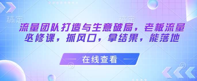 流量团队打造与生意破局，老板流量必修课，抓风口，拿结果，能落地