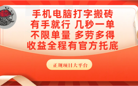 手机电脑打字搬砖，几秒一单，不限单量，多劳多得，收益全程有官方托底，正规项目大平台