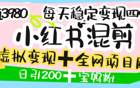 价值3980的小红书混剪，虚拟变现＋全网项目库，日引200+宝妈创业粉，每天稳定四位数变现