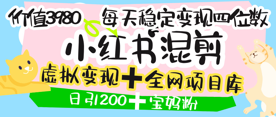 价值3980的小红书混剪，虚拟变现＋全网项目库，日引200+宝妈创业粉，每天稳定四位数变现
