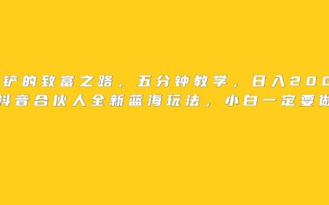 王铲铲的致富之路，日入2000+收益，五分钟教学，抖音合伙人全新蓝海玩法，小白一定要做的项目