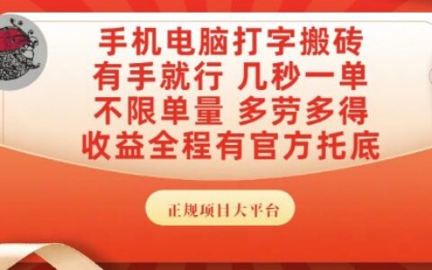 手机电脑打字搬砖，副业可发展主业来做蓝海项目，有手就行，几秒一单，不限单量，多劳多得