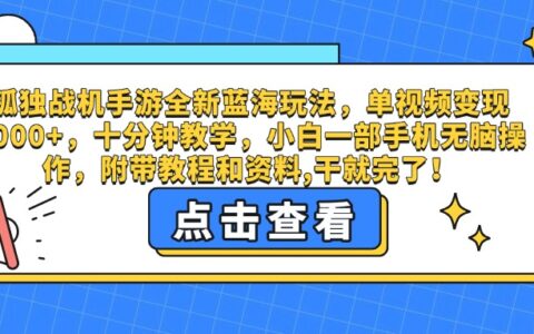 孤独战机手游全新蓝海玩法，单视频变现2000+，十分钟教学，小白一部手机无脑操作，附带教程和资料,干就完了！