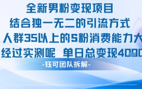 全新男粉变现项目引流人群35以上的男粉消费能力大 经过实测单日变现1k+