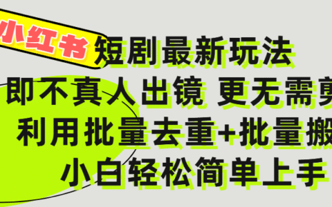 小红书短剧最新玩法，轻松日入3000+，既不真人出镜，更不用剪辑，全程搬运，傻瓜式操作，私域零成本批量操作