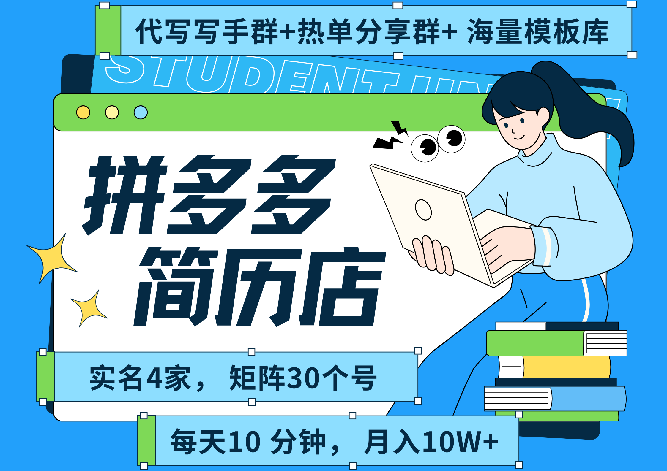 拼多多 虚拟资料 简历 海报代写 全SOP流程 毫无保留分享（含后端资料以及代写渠道）每天十分钟 每人实名四个店  矩阵30个账号  轻轻松松 月入10W