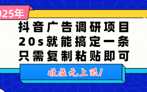 抖音广告调研项目，20s就能搞定一条，只需复制粘贴即可，收益无上限