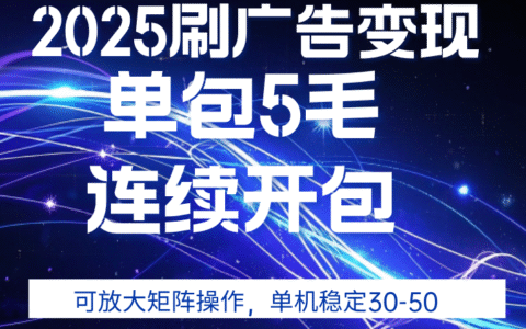 2025年零撸广告变现，单广5毛，可矩阵放大操作,单机稳定30-50