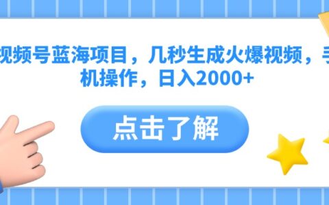 视频号蓝海项目，几秒生成火爆视频，手机操作，日入2000+vv