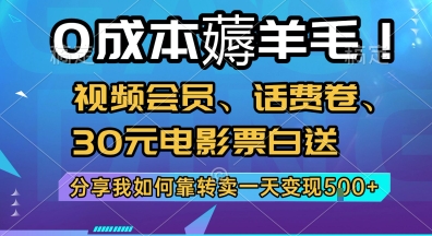 0成本薅羊毛!视频会员、话费卷、30R电影票白送，分享我如何靠转卖一天变现5张+