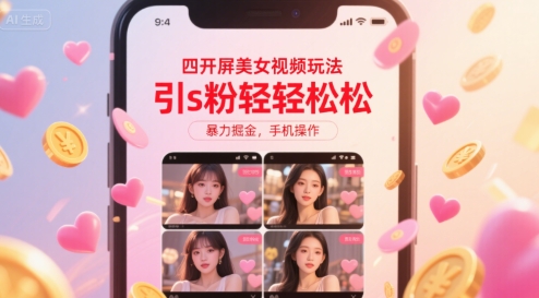 四开屏美女视频玩法，引s粉轻轻松松，爆栗掘金，手机操作
