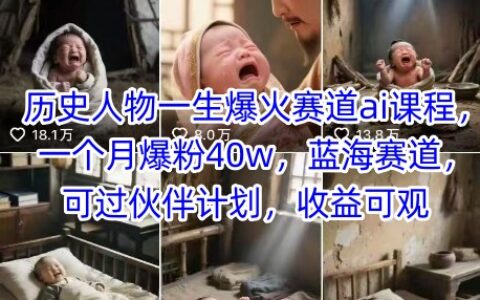 历史人物一生爆火赛道ai课程，一个月爆粉40w，蓝海赛道，可过伙伴计划，收益可观