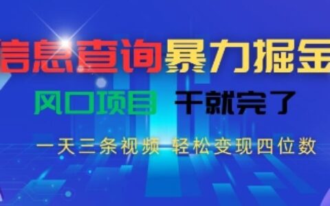 信息查询爆栗掘金，一天三条视频，轻松变现四位数，风口项目干就完了