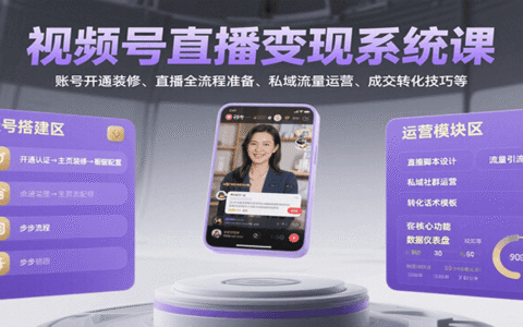 视频号直播变现系统课，账号开通装修、直播全流程准备、私域流量运营、成交转化技巧等