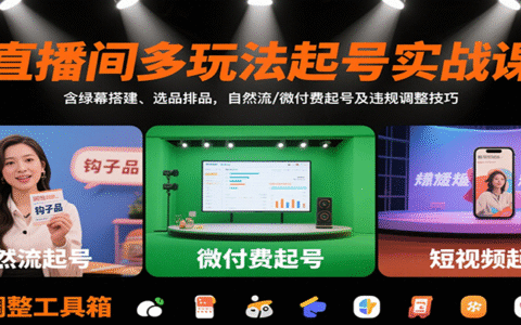 直播间多玩法起号实战课：含绿幕搭建、选品排品，自然流/微付费起号及违规调整技巧