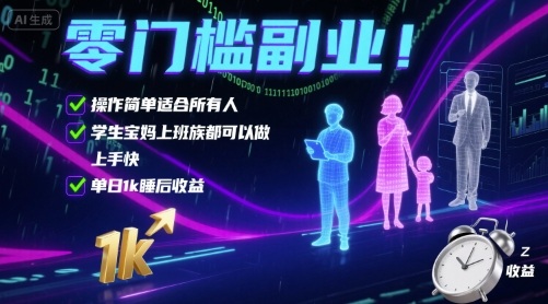 零门槛副业！操作简单适合所有人，学生宝妈上班族都可以做，上手快，单日1k睡后收益