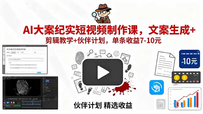 AI大案纪实短视频制作课，文案生成+剪辑教学+伙伴计划，单条收益7-10R