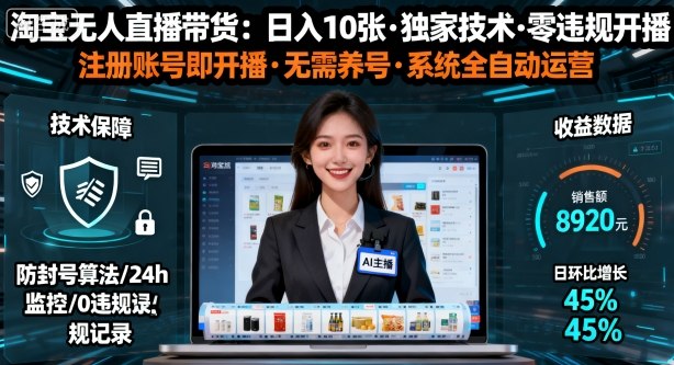 【最新】淘宝无人直播带货，日入10张，独家技术，无违规无封号，注册账号直接开播，不用养号