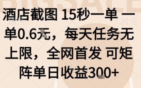 酒店截图15秒一单，一单0.6米，每天任务无上限，全网首发可矩阵单日收益3张