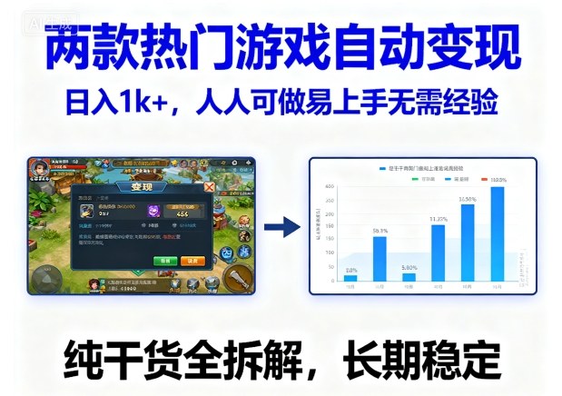 两款热门游戏自动变现，日入1k+，人人可做易上手无需经验，纯干货全拆解，长期稳定