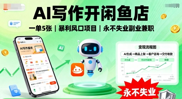 AI写作开闲鱼店，一单5张，爆栗风口项目，永不失业副业副业【全网首发】