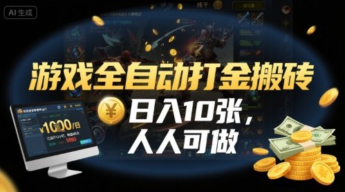 游戏全自动打金搬砖，日入10张，人人可做，纯干货，长期稳定收益项目
