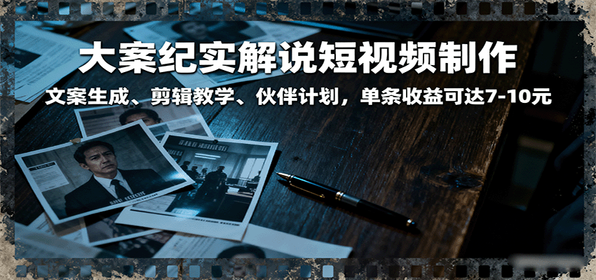 大案纪实解说短视频制作，文案生成、剪辑教学、伙伴计划，单条收益可达7-10R