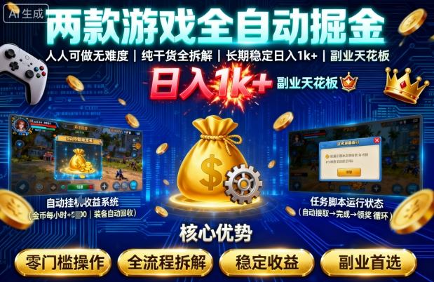 两款游戏全自动掘金，人人可做无难度，纯干货全拆解，长期稳定，日入1k+，副业天花板