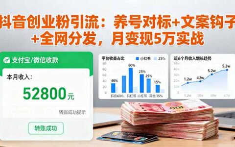 抖音创业粉引流：养号对标+文案钩子+全网分发，月变现5万实战