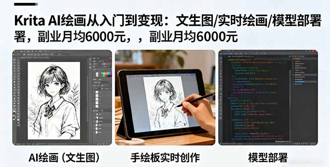 Krita AI绘画从入门到变现：文生图/实时绘画/模型部署，副业月均6000R