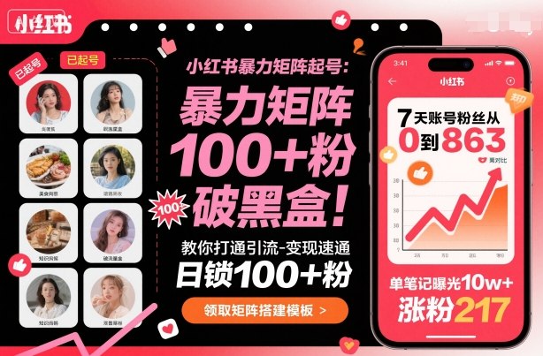小红书爆栗矩阵起号，教你打通引流-变现速通，日锁100+粉，破流量黑盒