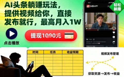 AI头条躺賺玩法，提供视频给你，直接发布就行，最高月入1W+