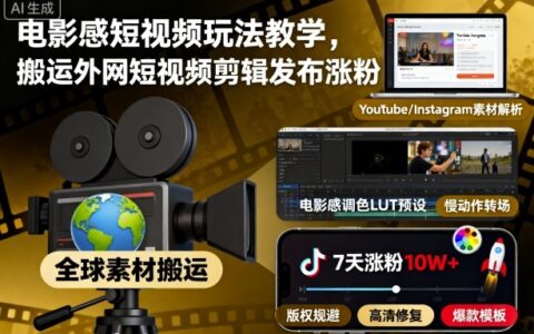 电影感短视频玩法教学，搬运外网短视频剪辑发布涨粉