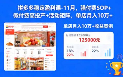 拼多多稳定盈利课-11月，强付费SOP+微付费高投产+活动矩阵，单店月入10万+