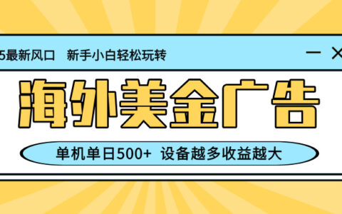 最新蓝海项目，海外美金广告，单机单日500+，可矩阵放大，设备越多收益...