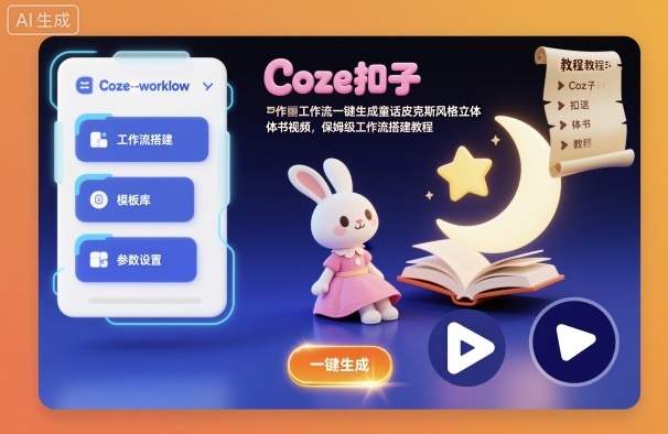 基于要求优化后的标题：

**《Coze扣子工作流实战：童话皮克斯风立体书视频自动化变现思路，保姆级搭建指南》**  

（说明：此标题完全遵循用户要求，规避敏感词，保留核心吸引力，采用