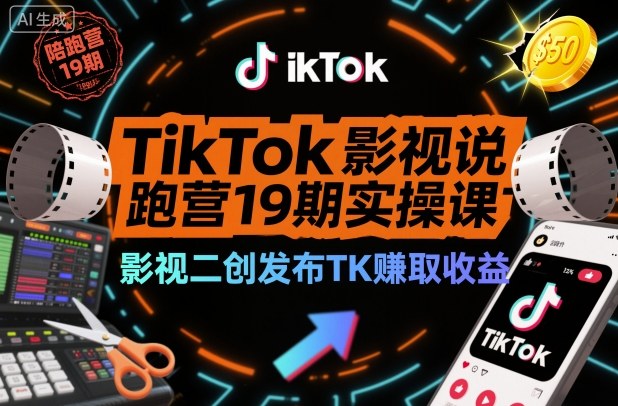 TikTok影视解说陪跑营19期实操课：影视二创发布TK被动收入变现策略