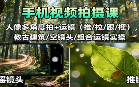 手机视频拍摄课：人像多角度拍+运镜（推/拉/跟/摇），古建筑/空镜头/组合运镜实操
