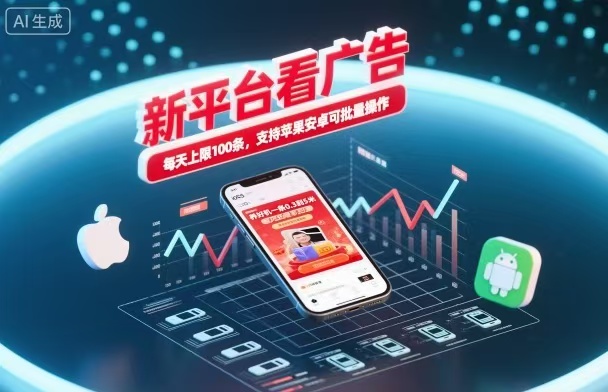 新台看广告实测：被动收入策略，单机收益可观，支持苹果安卓批量操作。