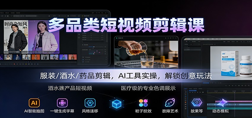 多品类短视频剪辑实战指南：服装/酒水/药品案例，AI工具变现策略