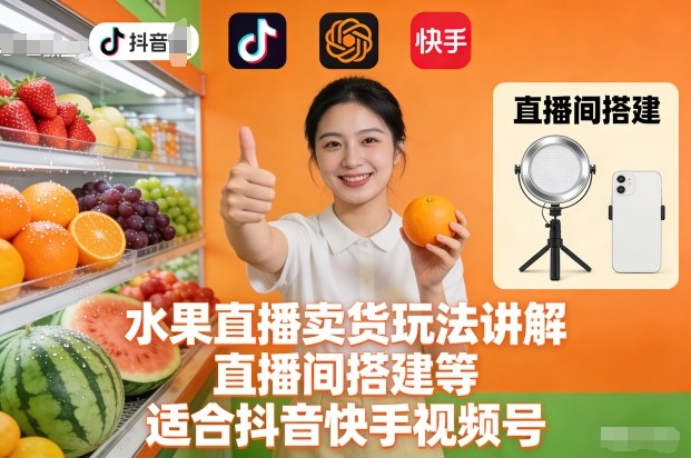 水果直播卖货实战攻略：直播间搭建与变现方法，适合抖音快手视频号