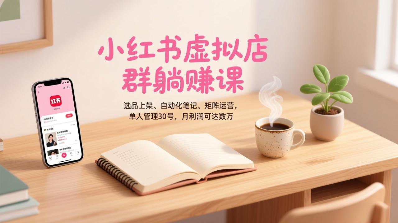 小红书虚拟店群变现课程：选品上架、自动化笔记、矩阵运营实战，单人管理30账号，月利润提升策略