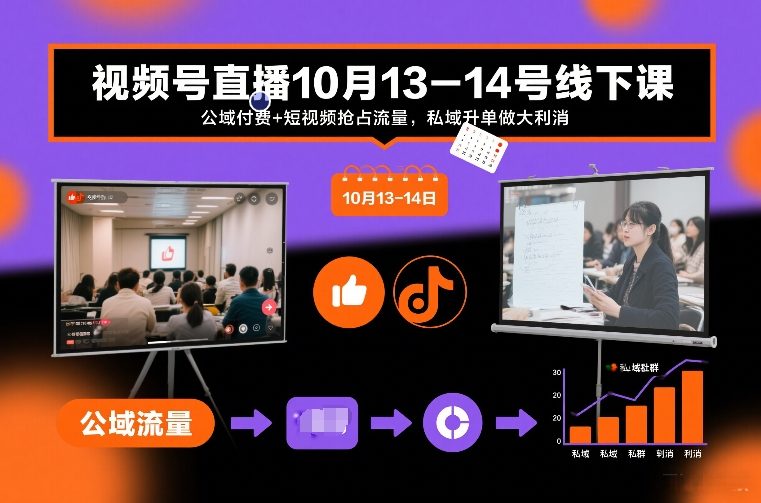 视频号直播10月13-14号线下课：公域流量策略+短视频引流实战，私域升单变现指南