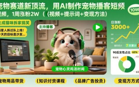 宠物赛道新项目：AI制作宠物播客短视频实测，一周快速涨粉攻略（附视频+提示词+变现策略）