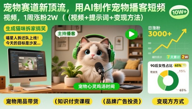 宠物赛道新项目：AI制作宠物播客短视频实测，一周快速涨粉攻略（附视频+提示词+变现策略）