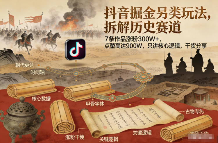 抖音另类变现策略：拆解历史赛道，7条作品涨粉300步骤W+，点赞900步骤W，核心逻辑干货分享