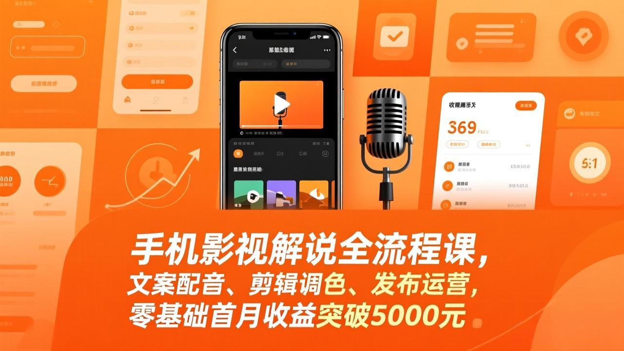 手机影视解说全流程实操课：文案配音、剪辑调色、发布运营，零基础首月变现攻略